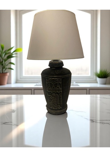 Gümüş Renk Eskitme El Yapımı Sümer Dekoratif Abajur - Beyaz Beyaz