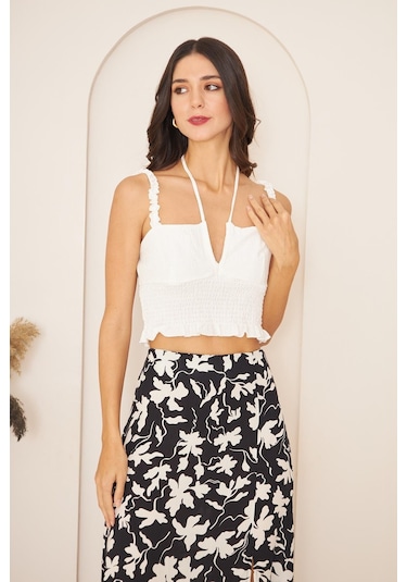 Darlin Moda Beyaz Askılı Crop Bluz Dm7003 Beyaz