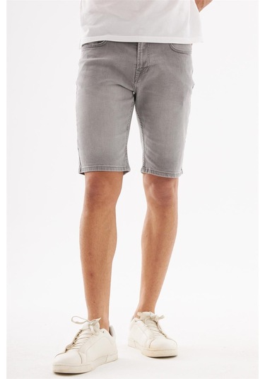 Erkek Yıpratmalı Slim Fit Likralı Kot Jean Şort Gri