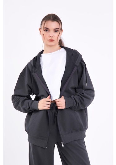 Kadın Antrasit Normal Kalıp Basic Beli Lastikli Kapüşonlu Oversize Mevsimlik Alt Üst Eşofman Takımı Cmre7367 Antrasit
