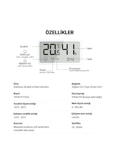 Tuya Zigbee Lcd Ekranlı Sıcaklık Ve Nem Sensörü