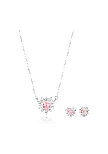 Pırlanta Montür Pembe Taşlı Kalp Desenli İkili Gümüş Set