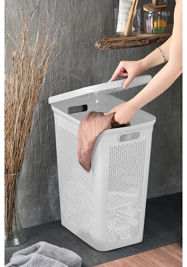 İronika Slim Kapaklı Dekoratif Kirli Çamaşır Sepeti 45 Litre - Beyaz Beyaz