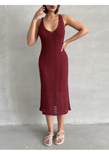 Kadın Askılı Ajurlu Yazlık Triko Elbise Bordo