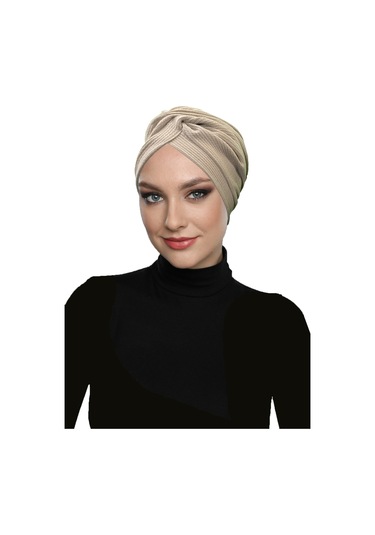 Çapraz Fitilli Penye Bej Hazır Türban Tesettür Havuz Bonesi Bej