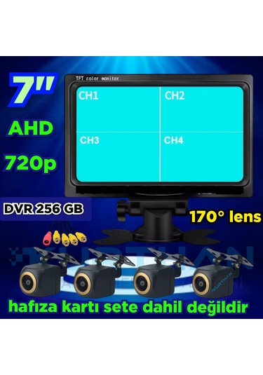 4 Adet Ahd 720p 170 Derece Açılı Kamera Ve 7'' Dvr Monitör 12 V