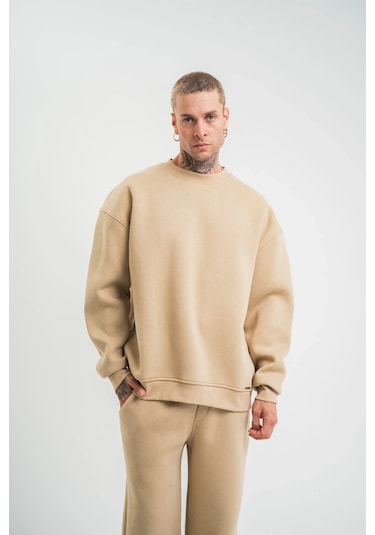 Erkek Uzun Kol Bisiklet Yaka 3 İplik Pamuklu Kışlık Sweatshirt - Bej Bej