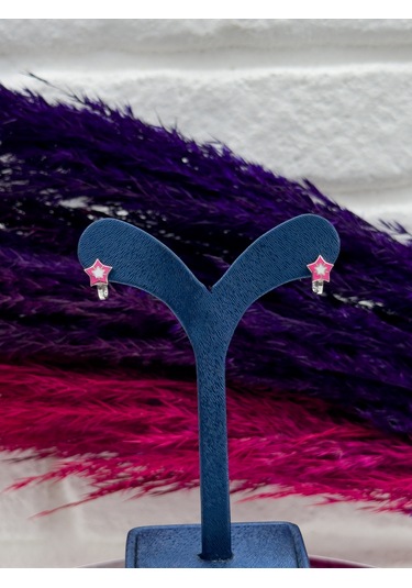 925 Ayar Gümüş Yıldızlı Pembe Mineli Zarif Kız Çocuk Küpesi Gümüş