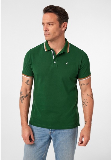 Javeir Erkek Regular Fit Çizgi Detaylı Polo Yaka T-shirt Orman Yeşili