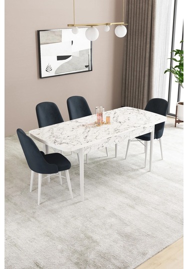 Sar Pakete Almira Serisi, Beyaz Mermer Desen 80x132 Açılabilir Mdf Mutfak Masası Takımı 4 Adet Sandalye Antrasit