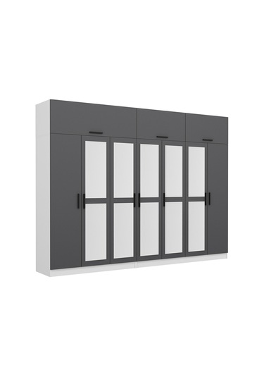 Minar Kale 7 Kapaklı 5 Aynalı 4 Ç Dolap Ve Yüklük Beyaz Antrasit 255cm Çok Renkli