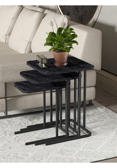 Zigon Sehpa Metal Ayak 3'lü Koltuk Yan Sehpa Zino Bendir Siyah