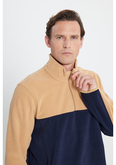 AC&Co / Altınyıldız Classics Erkek Karamel-lacı Standart Fit Dik Yaka İçi Polarlı Çift Renk Polar Sweatshirt Lacivert