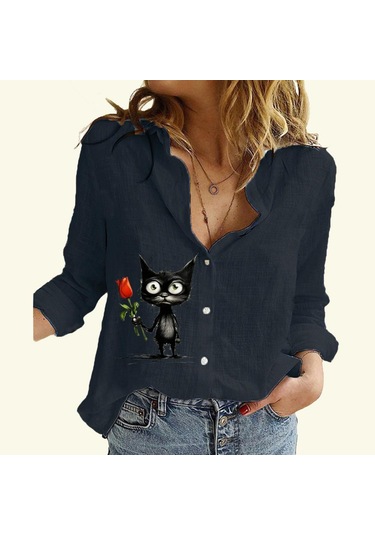 Kadın Moda Pamuk Keten Gömlek Kedi Baskılı Uzun Kollu Üst Bayan Günlük Düğmeli Bluz Siyah