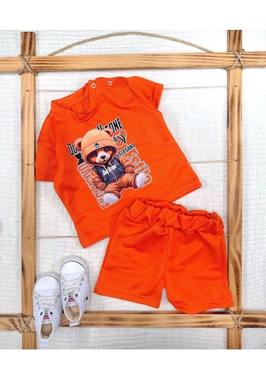 9-12-18-24 Ay Dansçı Ayıcık Baskılı Şortlu Kısa Kollu Tişört 2li Erkek Bebek Takımı Turuncu