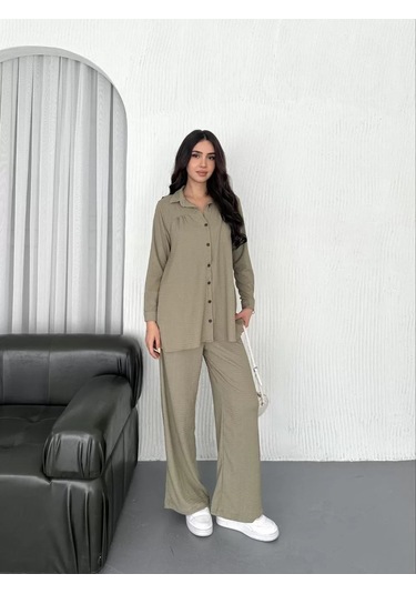 Yakalı Düğmeli Uzun Kollu Gömlek Pantolon İkili Takım - Bej Bej