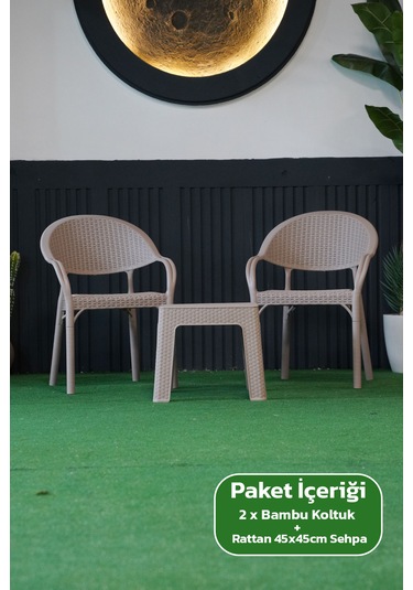 Bambu Rattan Görünümlü Sehpalı Set 2 Adet Koltuk + 45 Cm Sehpalı Sandalye Seti Cappucino