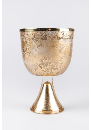 Altın Varak Eskitme Ayaklı Cam Mumluk Kokusuz Mum Logo Kapaklı Büyük 24.5x15 Cm