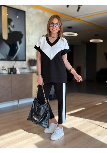 Modaserdem Kadın Kısa Kollu V Yaka Siyah Beyaz Renkli Viskon Iki Iplik Kumaş Eşofman Takımı Siyah