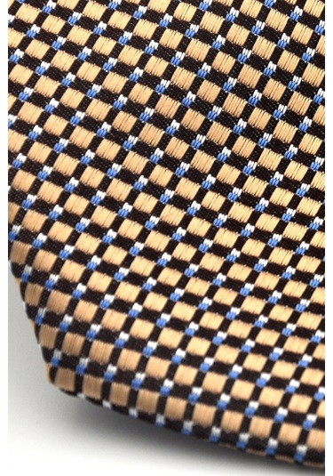 Beyaz Küçük Kare Desenli Bej Dokuma Kumaş Mendilli Slim Fit Kravat // Sdk-2511-7 Bej