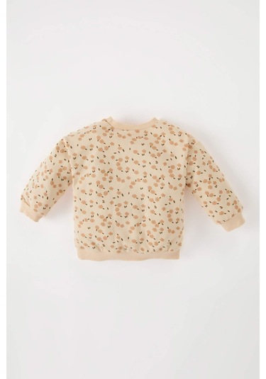 DeFacto Kız Bebek Bisiklet Yaka Çiçek Desenli İçi Yumuşak Tüylü Sweatshirt D7186A524WNBG744 Bej