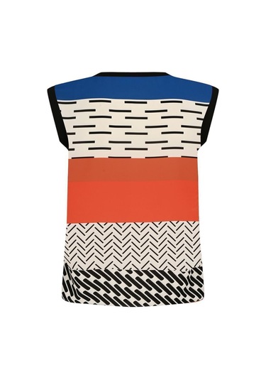 Kadın Desenli Blok Renkli Kolsuz Bluz Frn1108 Mavi