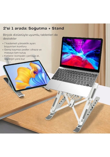 Shopytech Fanlı Katlanır Laptop Notebook Standı 7 Kademeli Yükseklik Alüminyum Alaşım 16 İnc Uyumlu