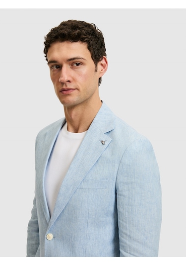Cacharel Açık Mavi Slim Fit %100 Keten Mikro Desen Mono Yaka Ceket Denim