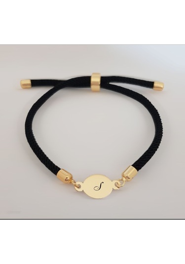 S Harfine Özel Oval Motifli İpek Örgülü 14 Ayar Altın Plakalı Hediye Bileklik-320harf-siyah Altın