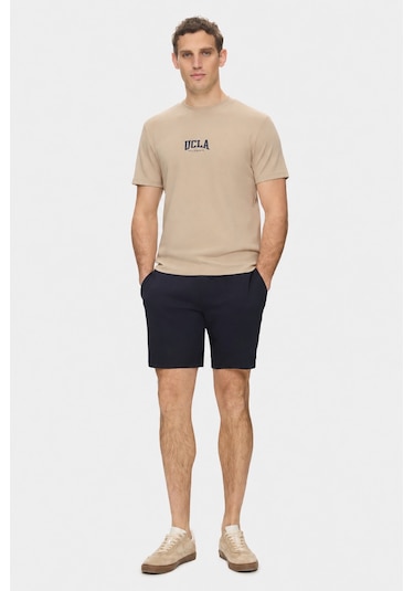 Ucla Angelo Koyu Bej Bisiklet Yaka Baskılı Yumuşak Dokulu Modal Kumaş Standard Fit Erkek Tshirt