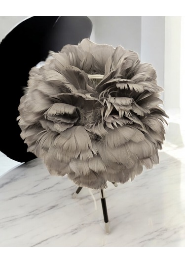 Tüylü Dekoratif Tripotlu 3'lü Ayaklı Abajur - Gri Gri