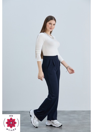 Kadın Gri Cırt Cırtlı Kapama Rahat Palazzo Likralı Esnek Beli Lastikli Pantolon Yüksek Bel Lacivert