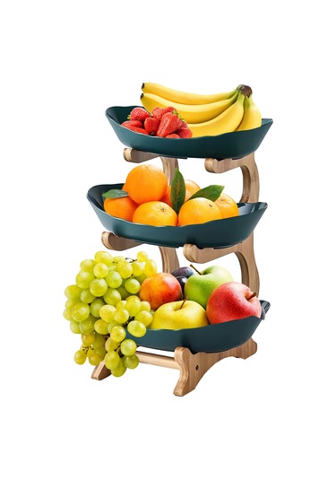 Reedark 3 Katlı Bambu Meyve Tepsisi - Çok Amaçlı Atıştırmalık Ve Pasta Sunum Standı Yeşil Koyu Yeşil