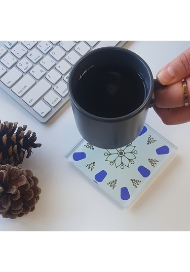 Decorita Cam Bardak Altlığı | Acem Kahveci - Mavi | 4'lü Takım Kırmızı