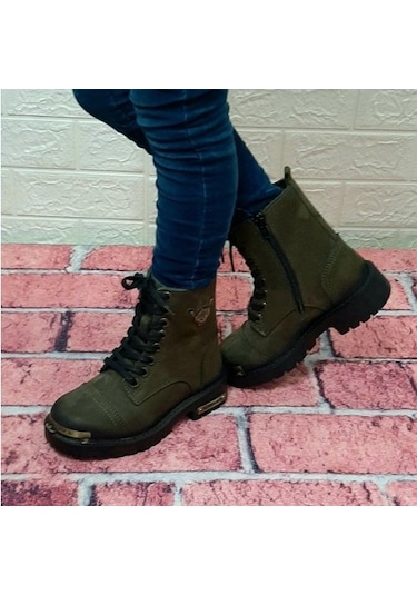 Hammerjack 17600.F Haki Hakiki Deri Fermuarlı Bağcıklı Çocuk Bot