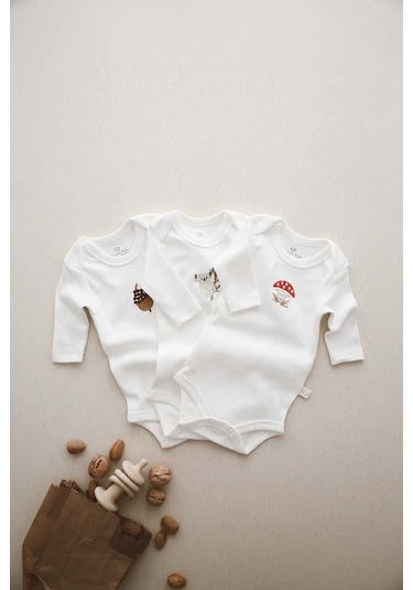 3lü Nakışlı Çıt Çıtlı Uzun Kollu Body-zıbın Model 1 Beyaz