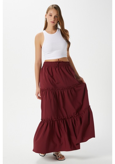 Kadın Elanora Bordo Astarlı Katlı Poplin Etek Bordo