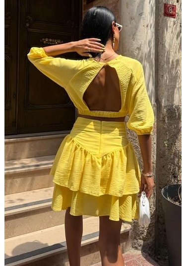 Crop Bluz Ve Kat Kat Etekli Takım 10207 Altın