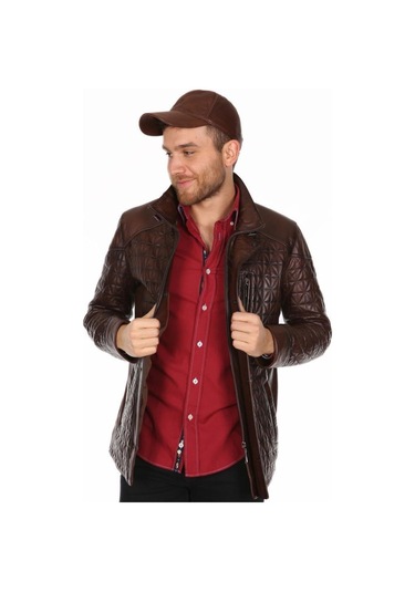 Hakiki Deri Kahverengi Neymar Işlemeli Erkek Deri Ceket Kahve