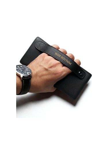 Telefon Bölmeli Cüzdan İsim Baskılı Mıknatıslı Ve El Bantlı Paraportföy Siyah