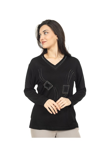 Kadın Orta Yaş Ve Üzeri Yeni Model V Yaka Taş İşlemeli Anne Penye Bluz 30560-siyah Siyah
