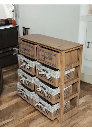 Ahşap 8 Çekmeceli Hasır Görünümlü Sebzelik Atlantik Çam