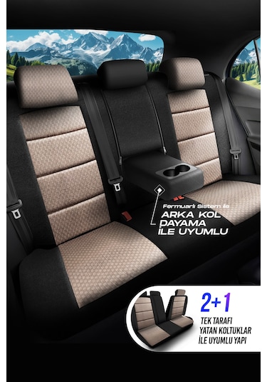 Bej - Siyah Panda Dragon Serisi Dokuma Kumaş Oto Koltuk Kılıfı - Tam Set