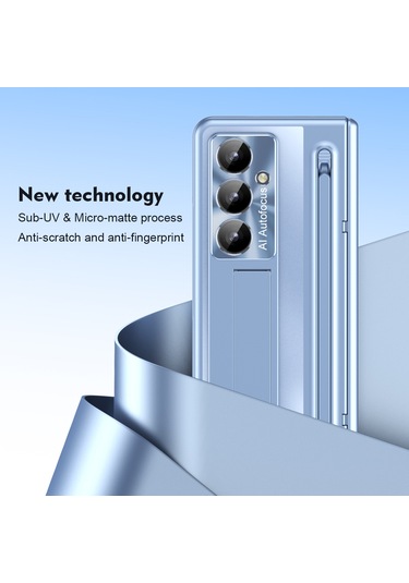 Samsung Galaxy Uyumlu Z Fold7 5g Kılıf, Temperli Cam Filmli, Kalemli, Ayaklı Menteşeli Pc Telefon Kılıfı - Mavi Mavi