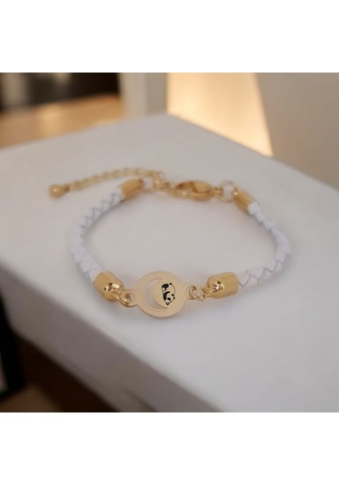 Archin Panda Temalı Doğal Beyaz Derili Ay Motifli 14 Ayar Altın Plakalı Hediye Bileklik-477sembol Panda Sembolü