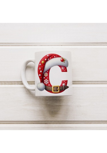 C Harfi Yılbaşı Temalı Bardak 330 Ml Harfli Kişiye Özel Hediye - Yeniyıl / Noel Şapka Tasarım Beyaz