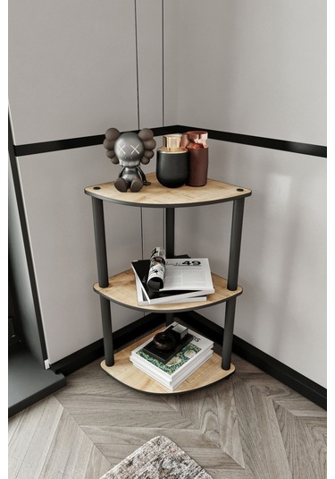 3 Katlı Dekoratif Köşe Kitaplık Meşe Meşe