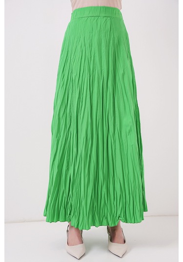 Kadın Uzun Kırışık Etek 8042 - Yeşil Yeşil