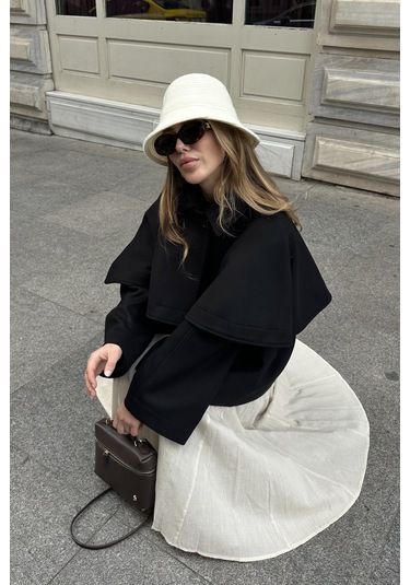 Siyah Livia Pelerin Detaylı Kaşe Kaban Siyah