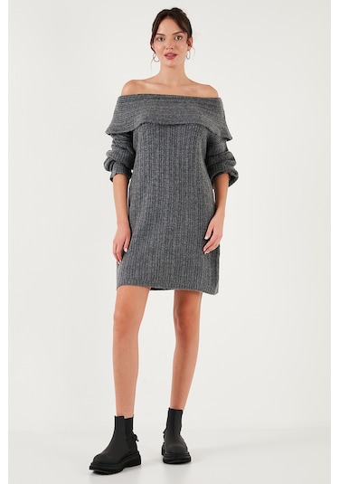 Lela Oversize Fit Kayık Yaka Uzun Kollu Mini Triko Bayan Elbise 4615218 Antrasit